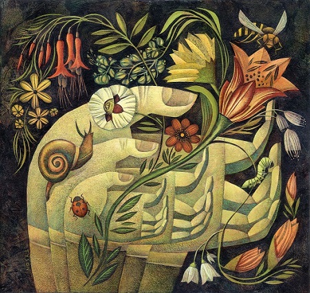 A picasso style artwork of hands, flowers, insect and plants 